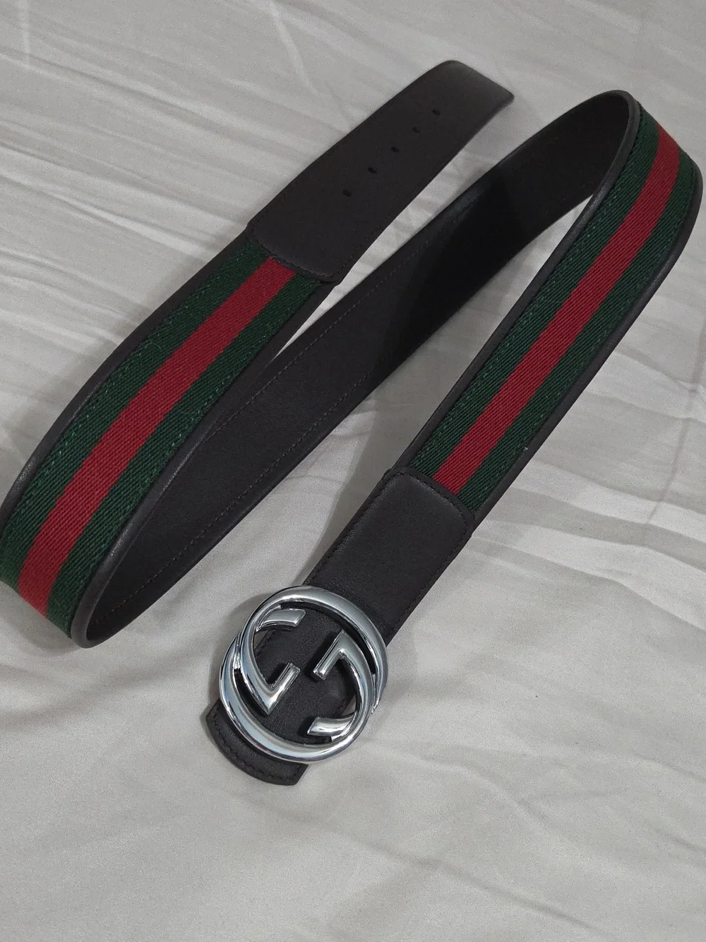 Gucci Green Red Reversible Belt with Silver Double G Buckle